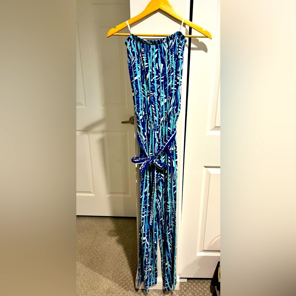 Lilly Pulitzer Tia Iris Blue Pink Werk It Jersey Strapless Pant Jumpsuit Sz XS